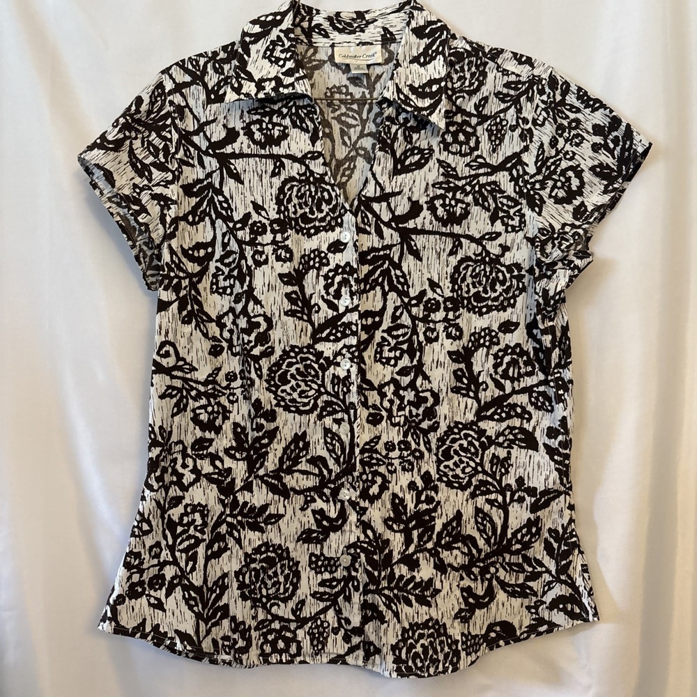 Coldwater Creek Brown White Floral Short Sleeve Button Up Blouse Women M